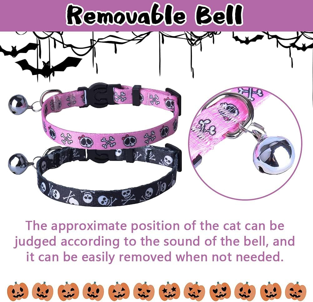 Breakaway Cat Collar with Bell Charm, 2 Packs Adjustable Kitty Collars Pink & Black Skull Pattern, 7.8-11.8 In