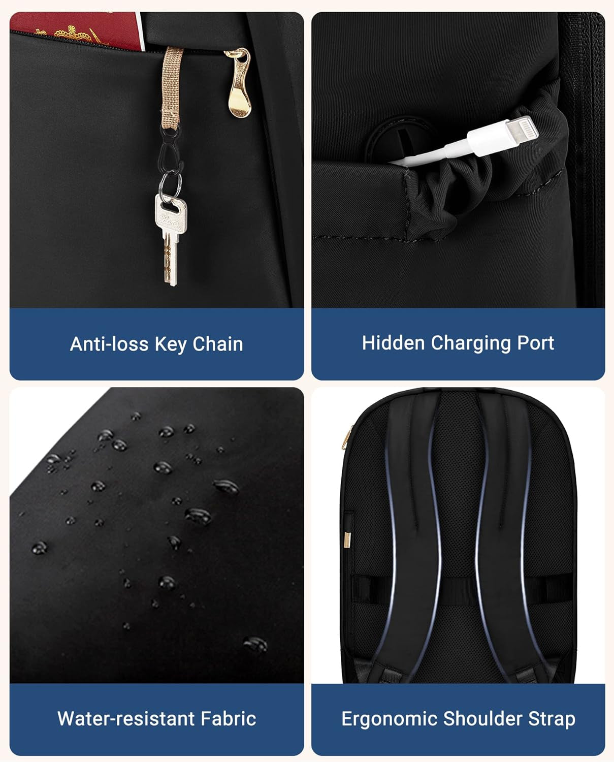 Travel Backpack for Women, 15.6 Inch anti Theft Laptop Backpack with USB Charging Hole, Water Resistant College Bookbag, Large Capacity Black Computer Backpacks for Work, Black