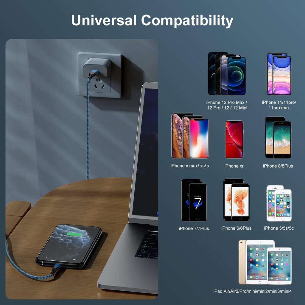 Apple MFI Certified 3 Pack Iphone Charger 3Ft,  Long Lightning Cable Strong Nylon Braided Charging Cable 3 Foot, Fast Iphone USB Cord for Apple Iphone11/ X/Xs/Xr/8/7/6/5S/Se/Ipad Mini Air（Blue）